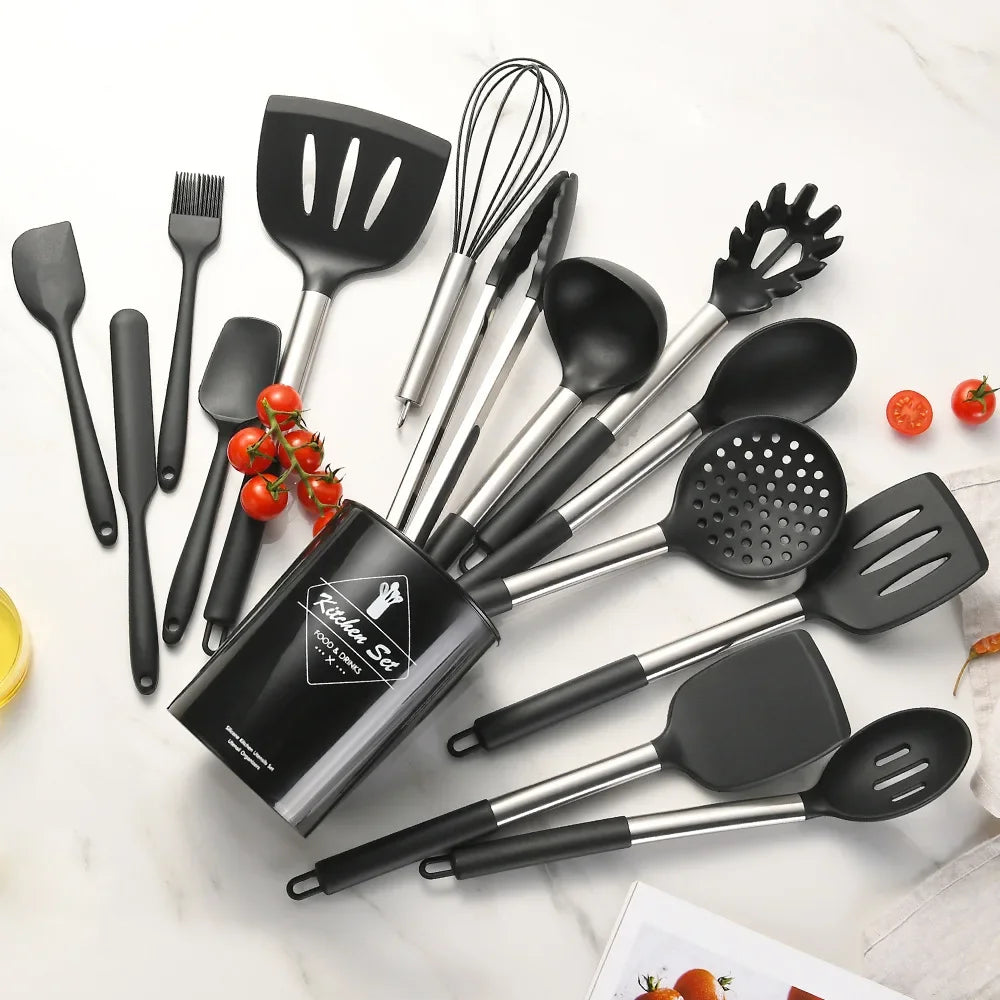 12PCS Silicone Kitchen Utensils Set - Food Grade Cookware with Turner, Spatula, Measuring Spoon, Practical Cooking Tools