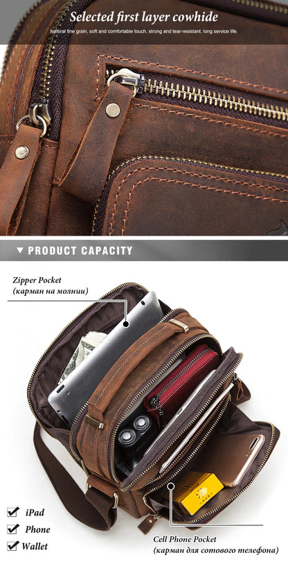 HUMERPAUL Genuine Leather Men's Shoulder Bag – Vintage Crossbody, Large Capacity Messenger Tote for Travel