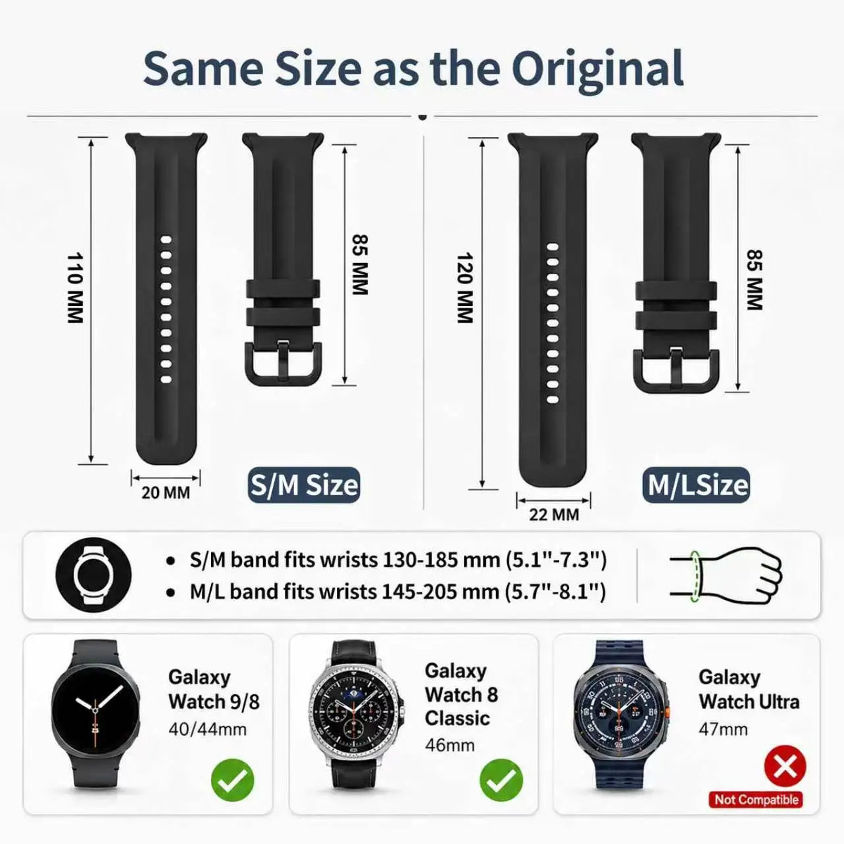 Silicone Sport Band for Samsung Galaxy Watch 9 and Watch 8 - Replacement Strap for 40mm, 44mm and Watch 8 Classic 46mm Models