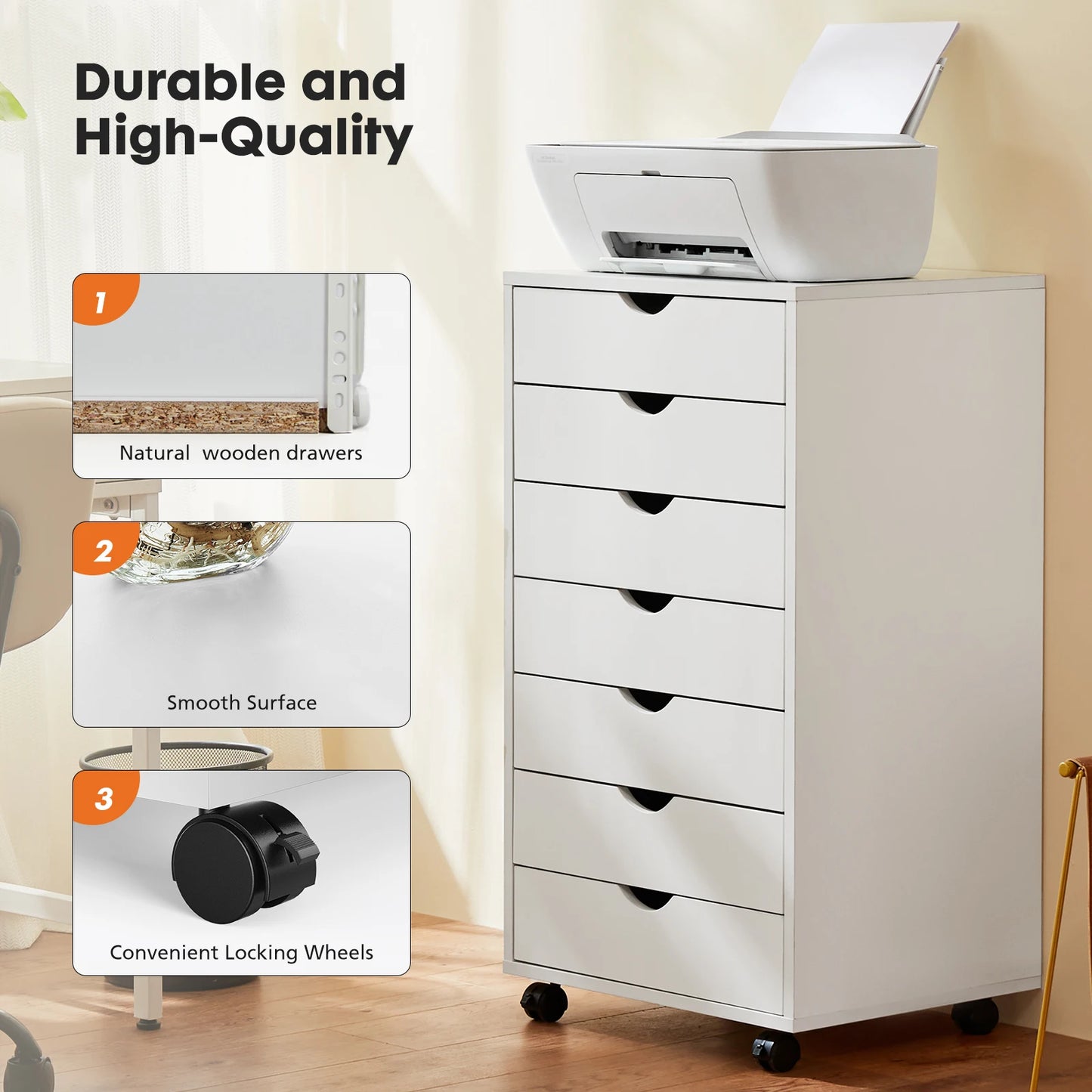 7-Drawer Wooden Chest – Mobile Storage Cabinet with Wheels, Nightstand & Office Organizer for Living Room