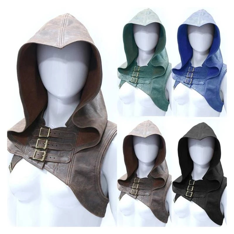 Adjustable Medieval Gothic Cowl Hat — Faux Leather Steampunk Hooded Cloak Cape for Men & Women Cosplay Accessory