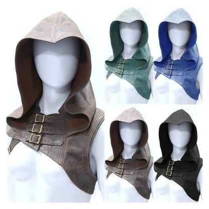 Adjustable Medieval Gothic Cowl Hat — Faux Leather Steampunk Hooded Cloak Cape for Men & Women Cosplay Accessory