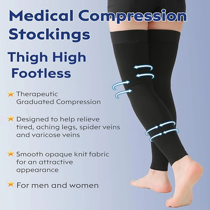 Thigh High Footless Compression Stockings for Men & Women – Silicone Grip Top Firm Support for Varicose Veins, Swelling & Improved Circulation