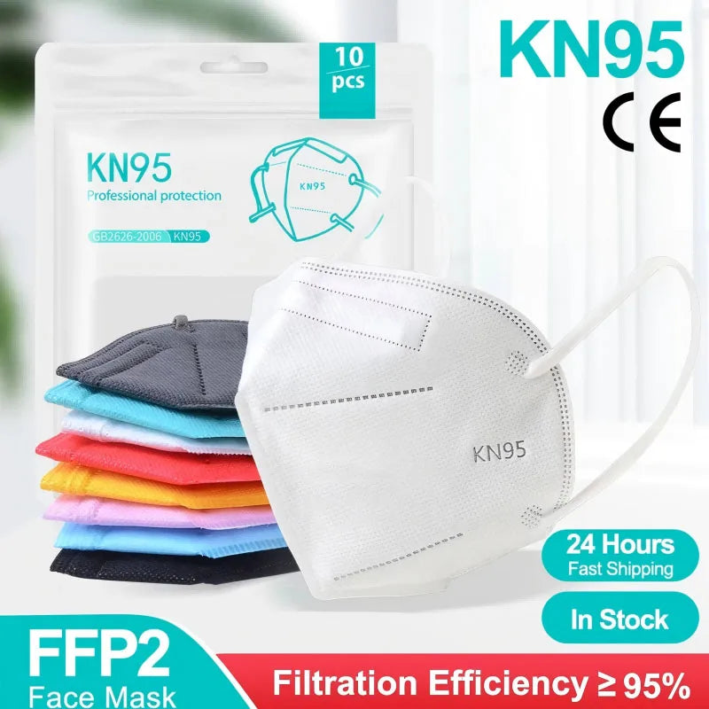 10-200pcs FFP2 KN95 Face Masks – 5-Layer Reusable Black Surgical Mask, Certified Protective Mascarillas
