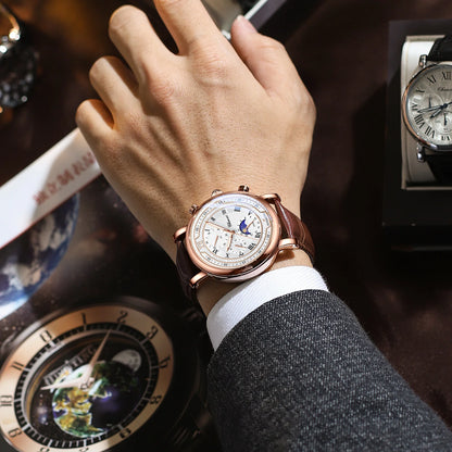 Chenxi 976 Men’s Leather Chronograph Watch – Phase of the Moon, Luminous Quartz Date Timepiece, Business Reloj para Hombres