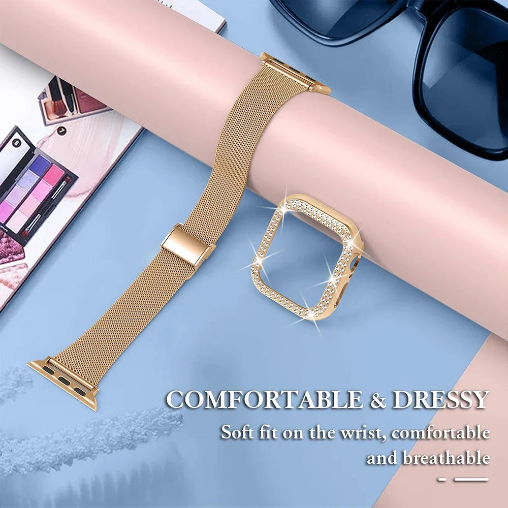 Diamond Case & Metal Strap for iWatch Ultra 2 – Stainless Steel Bracelet for Apple Watch Series 6-9 ( 45mm, 44mm, 40mm, 41mm )