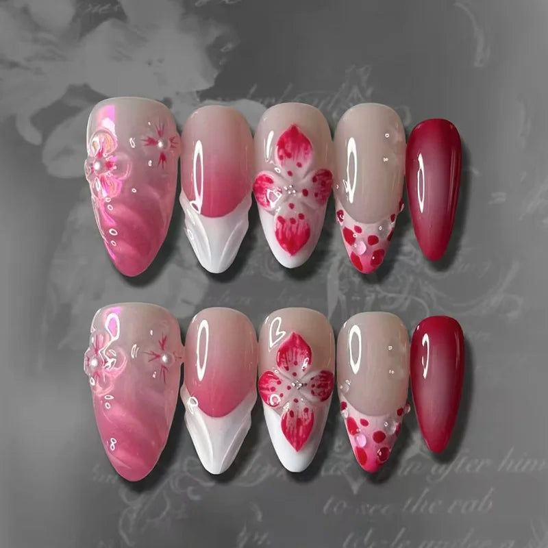 24PCS Strawberry Bow Press On Nails - Red Short Almond Pearl Starlight Floral False Nail Art Tips