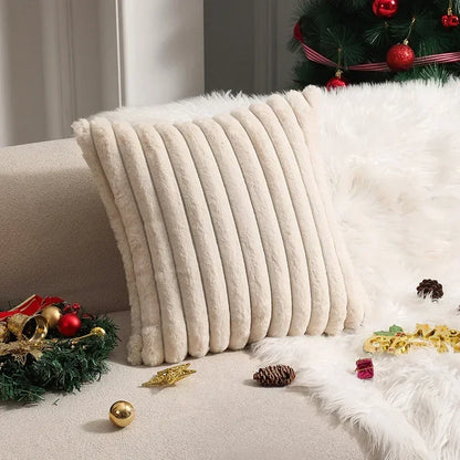 Faux Rabbit Fur Cushion Cover – Plush Soft Fluffy Striped Decorative Pillowcase for Luxury Sofa Home Decor