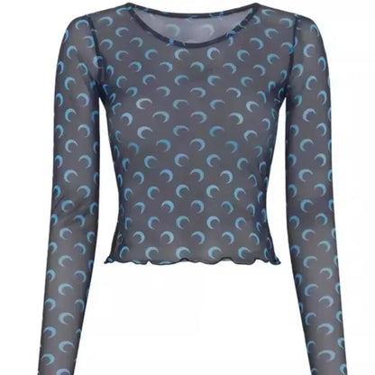 Women’s Mesh Long Sleeve Top - Hollow Out Retro T-Shirt with Mushroom Edge High Street Fashion Design