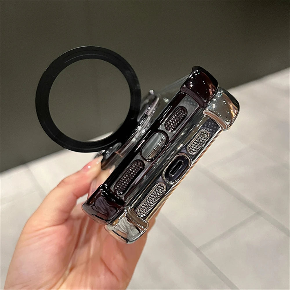 Luxury Plated Shockproof Magnetic Bracket for MagSafe – Clear Case with Stand Holder for iPhone 15, 16, 14, 13, 12, 11 Pro Max