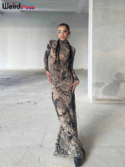 Mesh Print Women's Maxi Dress: Weird Puss Pattern, Turtleneck, Full Sleeve - Autumn Trendy Hipsters High Street Party Y2K Attirewear