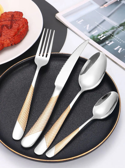 24-Piece Stainless Steel Tableware Set – Star Design Steak Knives, Forks, Dessert Forks, and Spoons for Family Use