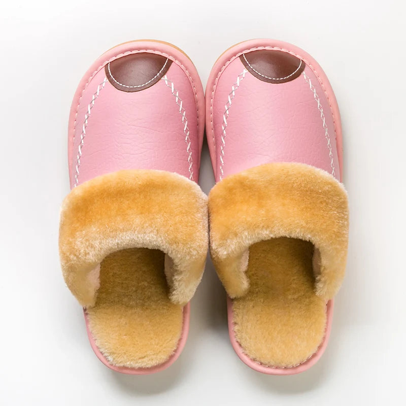 Men’s Winter Leather Slippers — Waterproof, Thick Velvet Cotton Indoor Home Shoes, Warm Bedroom Footwear