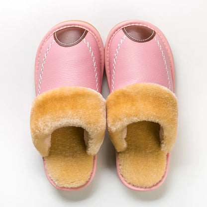 Men’s Winter Leather Slippers — Waterproof, Thick Velvet Cotton Indoor Home Shoes, Warm Bedroom Footwear