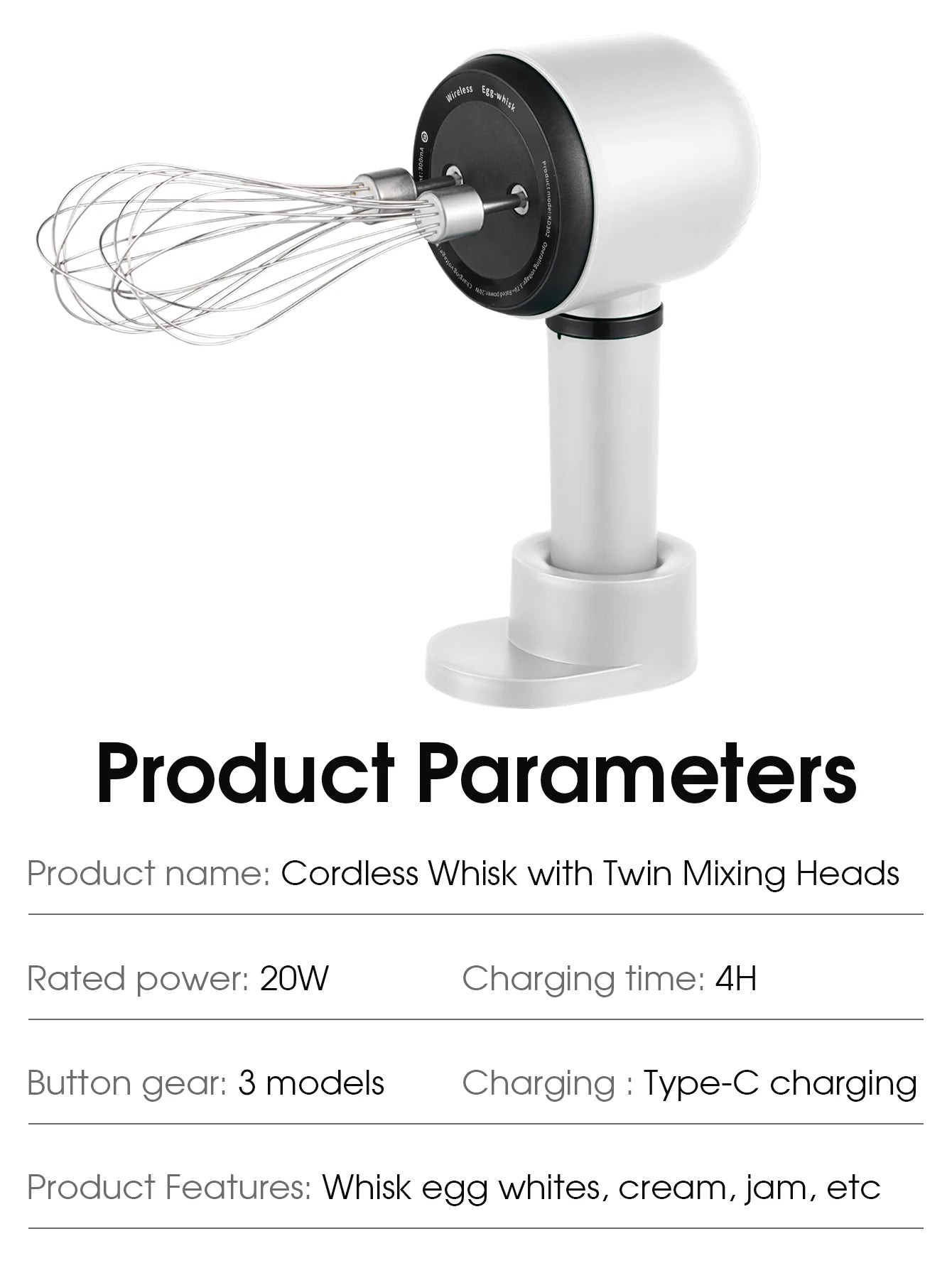 USB Rechargeable Electric Hand Blender — Wireless Portable 3-Speed Hand Whisk with 2 Attachments for Baking, Milk & Cream