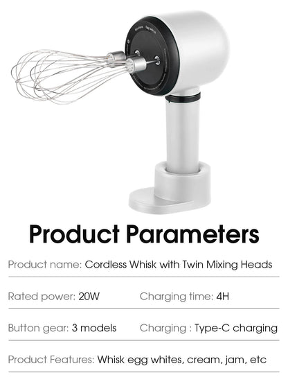 USB Rechargeable Electric Hand Blender — Wireless Portable 3-Speed Hand Whisk with 2 Attachments for Baking, Milk & Cream