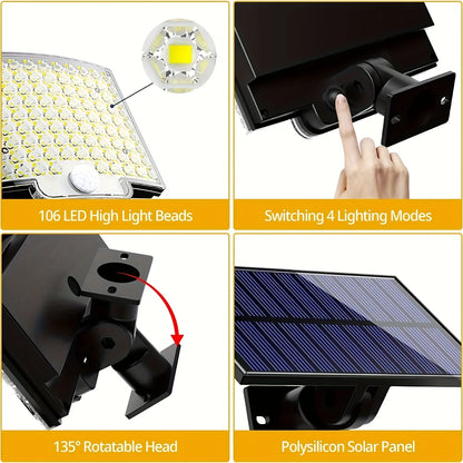 106LED Solar Floodlight with Motion Sensor - Waterproof Outdoor Light with Remote Control & 3 Modes for Patio, Garage, Backyard