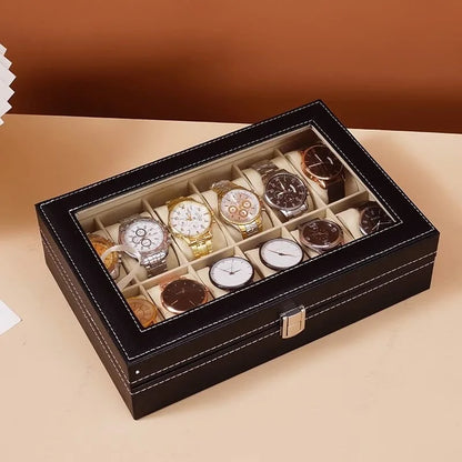 DELESYS PU Leather Watch Box — 2/3/4/5/6/8/10/12 Slot Traditional Style Storage Case with Lock, Gift Watch Organizer