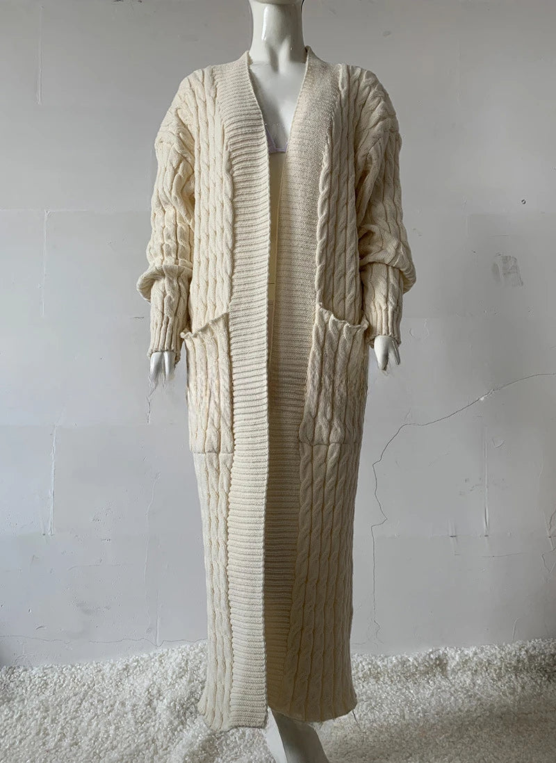 Women’s Long Knit Cardigan with Pockets – Vintage Full Sleeve Thick Autumn Winter Sweater Coat