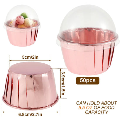 50Pc Foil Cupcake Liners with Lids - Heat Resistant 5.5oz Aluminum Cake Cups - Round Foil Baking Cups for Kitchen Wedding Party Supplies