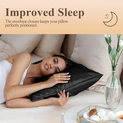 Black Silk-Like Satin Pillowcase – Standard Size Smooth Cooling Pillowcase for Hair & Skin