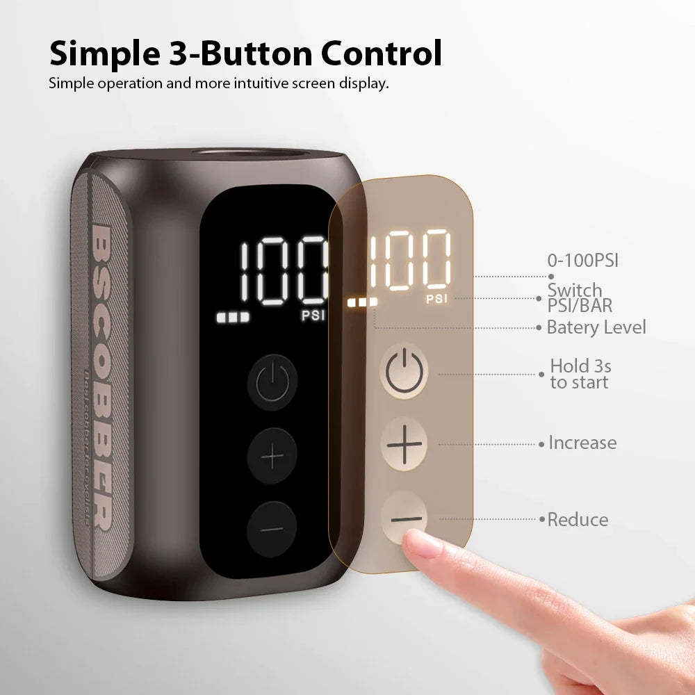 BSCOBBER A5mini Portable Air Pump - Rechargeable Wireless Bicycle Tire Inflator, 100 PSI High-Pressure