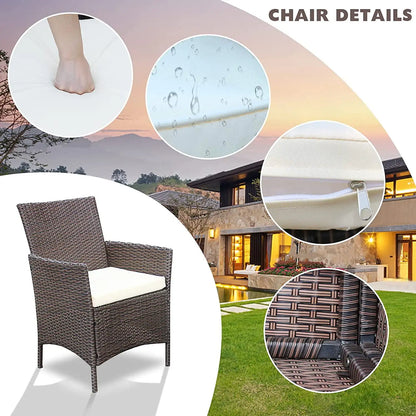 3-Piece Outdoor Patio Furniture Set – PE Rattan Wicker Bar Table & Chairs with Cushions & Tempered Glass, Brown/Beige
