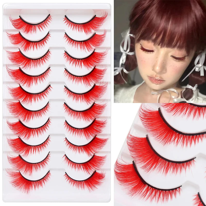 Colorful Halloween False Eyelashes – Blue, Red & Pink Cosplay Fake Lash Extensions for Makeup Looks
