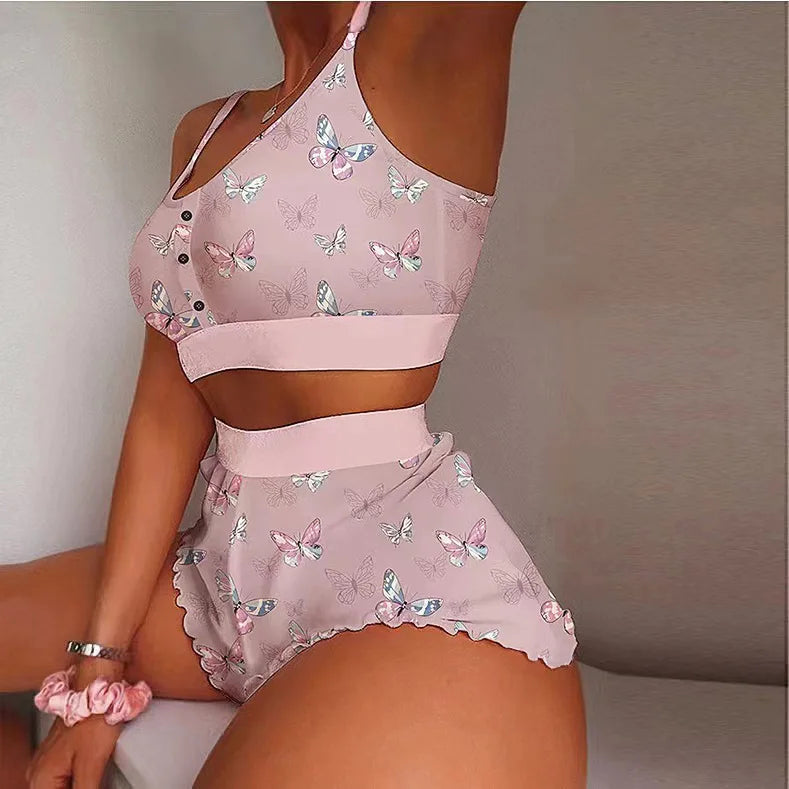 Women’s 2-Piece Pajama Set – Printed Camisole & Shorts Loungewear Sleepwear Nightwear Sexy Homewear Outfit