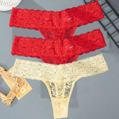 3PCS Lace Floral Women’s Panties - Low Waist Breathable Briefs & Thong, Sexy G-String Transparent Underwear (M-2XL)