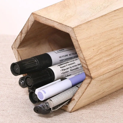 Wooden Pen Holder Organizer - Large Capacity Desktop Storage Box for Pencils & Office Supplies