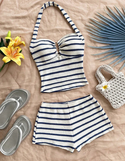 Summer Textured Knit Halter Top & Shorts Set - Classic Nautical Stripe Two-Piece Breathable Outfit
