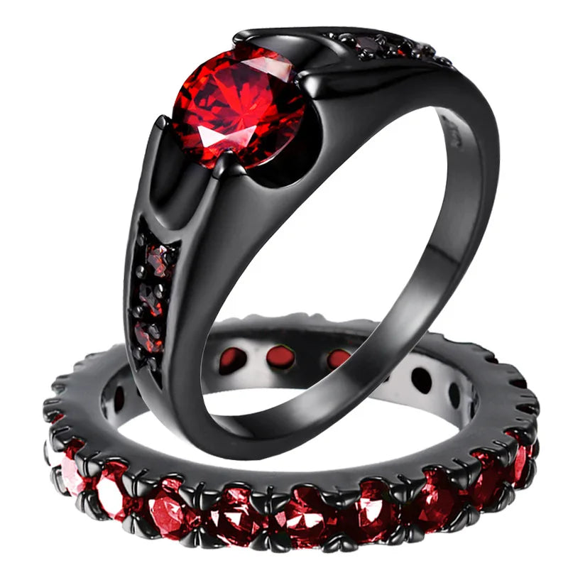 Red Rhinestone Wedding Ring Set - Stainless Steel Black Dragon Pattern Couple Bands for Men & Women