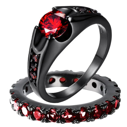Red Rhinestone Wedding Ring Set - Stainless Steel Black Dragon Pattern Couple Bands for Men & Women