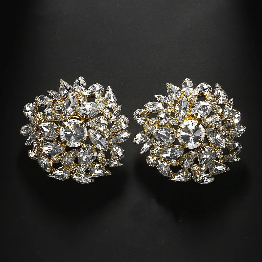 Fashion Round Clip Earrings – Geometric Bling Wedding Jewelry for Women, Rhinestone Clip-On Earrings, No Piercing Christmas Gift