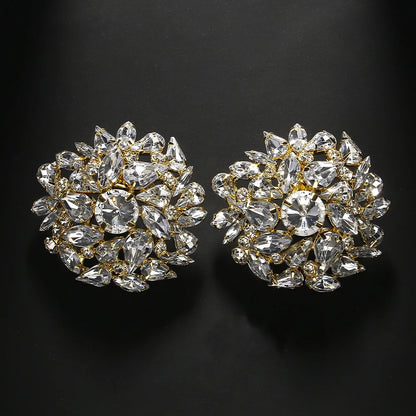 Fashion Round Clip Earrings – Geometric Bling Wedding Jewelry for Women, Rhinestone Clip-On Earrings, No Piercing Christmas Gift