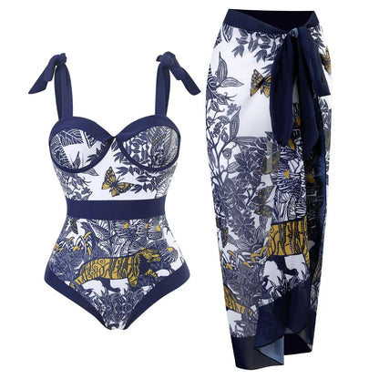 Blue One-Shoulder Ruffle Floral Monokini Swimsuit with Cover Up Sexy One Piece Beach Swimwear for Women Summer