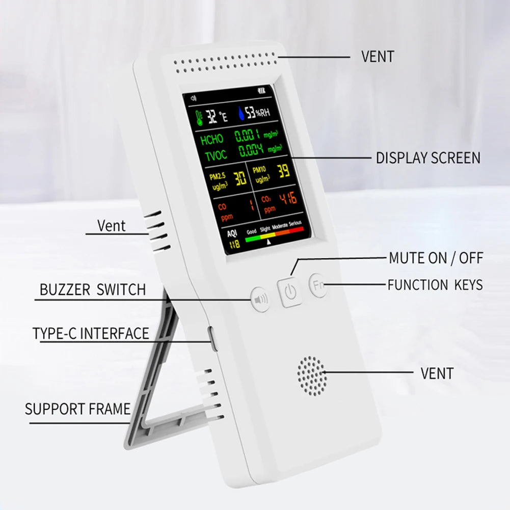 9-in-1 Air Quality Detector – Digital LCD Monitor for PM2.5, PM10, HCHO, TVOC, CO, CO2, AQI, Temperature, and Humidity