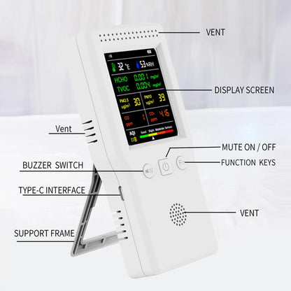 9-in-1 Air Quality Detector – Digital LCD Monitor for PM2.5, PM10, HCHO, TVOC, CO, CO2, AQI, Temperature, and Humidity