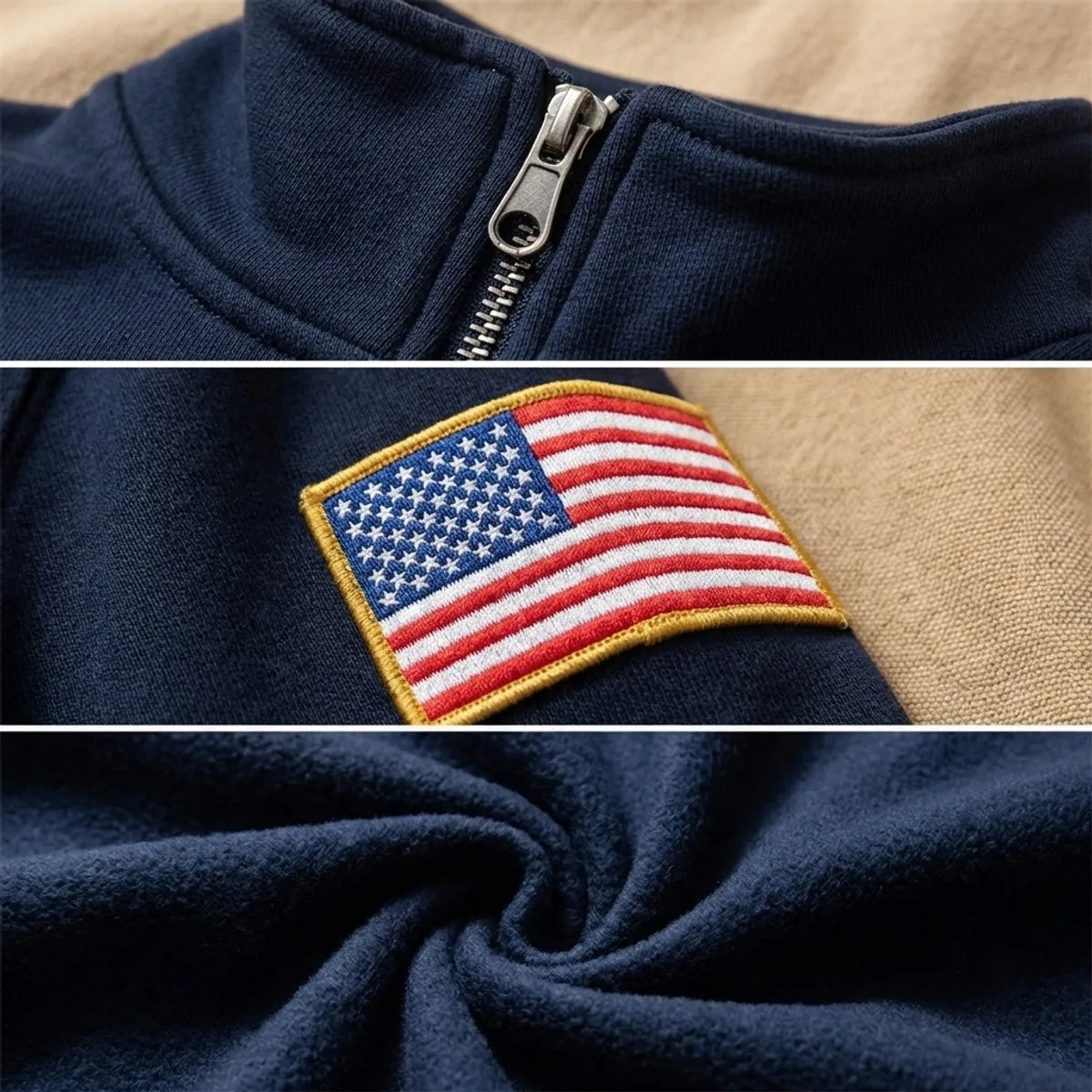 Men’s Y2K American Flag Embroidered Hoodie – Quarter Zip Streetwear Sweatshirt Navy Blue White Patch Sleeve Casual Pullover Sweater