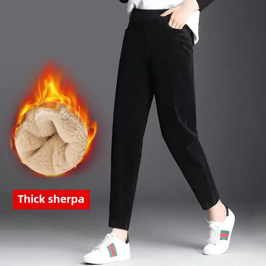 Women's Velvet Casual Pants - Thickened Corduroy Carrot Style Harem Pants, Loose Fit Korean Dad Pants for Autumn and Winter