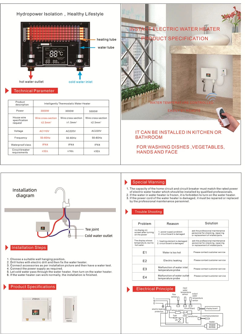 110V/220V Instant Water Heater 3000W/5500W | Wall-Mounted Electric Shower Heater for Bathroom & Kitchen Hot Water