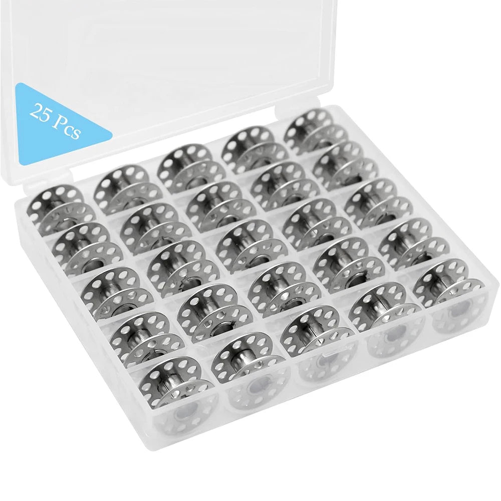 25PCS Metal Sewing Bobbins Set - Visible Mesh Storage Box for Singer Brother DIY Sewing Machine Accessories