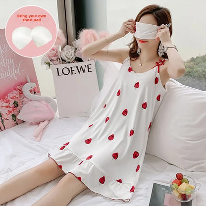Women’s Cartoon Animal Pajama Set - Cute Loose Sling Nightgown with Bra Pad & Free Eye Mask for Sleepwear