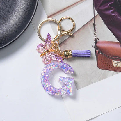 A-Z Initial Letter Sequin Keychain - Purple Butterfly Tassel Resin Keyring Backpack Charm Gift