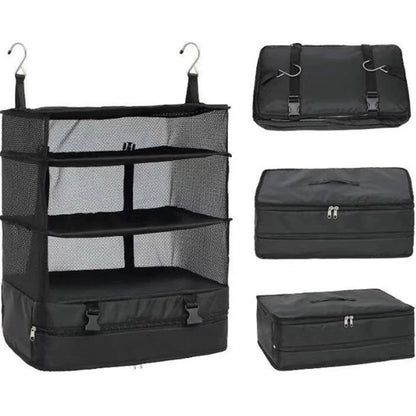 Portable Travel Luggage Organizer – 3-Shelf Collapsible Hanging Closet & Packing Cube Storage Bag