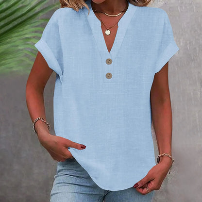 Women’s Summer Cotton Linen V-Neck Button Down Shirt – Breathable Casual Office Top in Solid Colors
