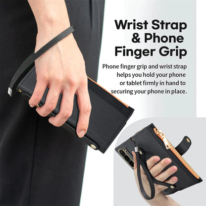 Leather Card Wallet Case with S Pen Slot for Samsung Galaxy Z Fold 6/5/4/3/2 — Multifunctional Zipper Protection Cover