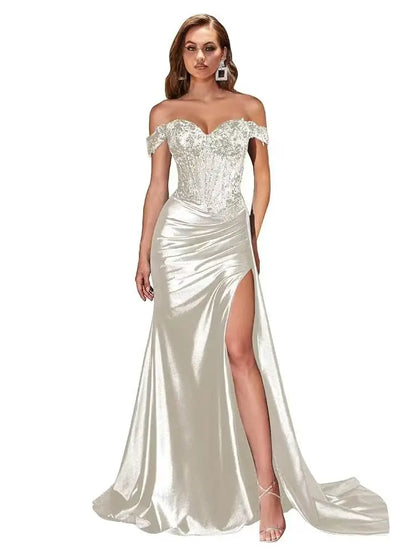 Dark Navy Off-Shoulder Prom Dress – Sweetheart Beaded Lace Evening Gown with High Side Slit, 2025 Custom