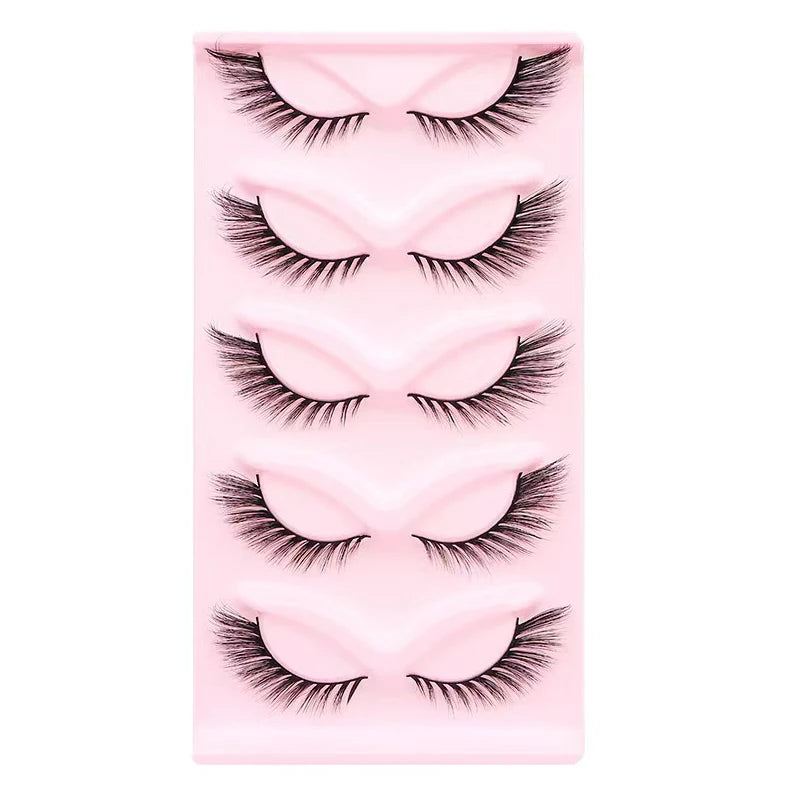 Manga Lashes 5 Pairs – Anime Cosplay Faux Mink Short Full Strip Lashes, Korean Natural Look, Clear Band Soft Eyelash Extensions